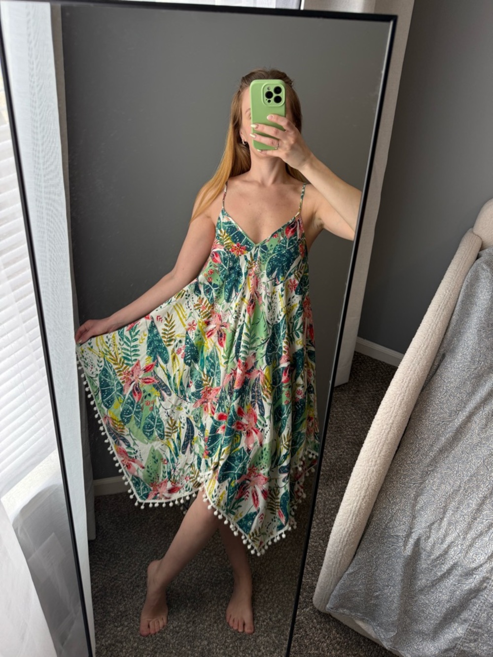 Goa Beachwear by Japna Floral Boho Kaftan Dress Size S Pom Pom Trim Viscose